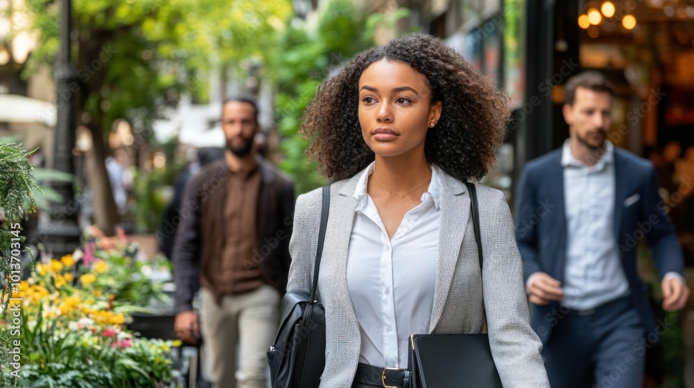 A woman with curly hair strides confidently along a bustling city street, dressed in a tailored suit A woman with curly hair strides confidently along a bustling city street, dressed in a tailored suit