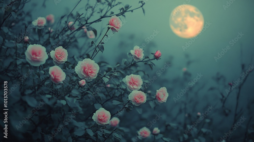 A close-up view of pink roses blooming at night under a full moon, with a misty, dreamy atmosphere. A close-up view of pink roses blooming at night under a full moon, with a misty, dreamy atmosphere.
