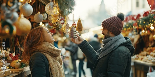 A couple shopping for Christmas ornaments at a festive outdoor market, selecting beautiful decorations together, surrounded by seasonal lights and cheer, selective focus


