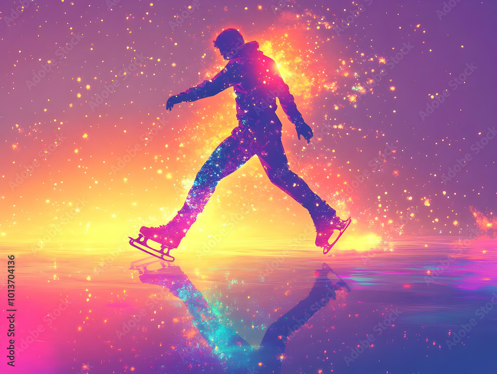 Naklejka premium Vibrant Flat Abstract Ice Skater Gliding on Digital Lake - Neon Reflections & Radiant Winter Theme Illustration for Business Banners