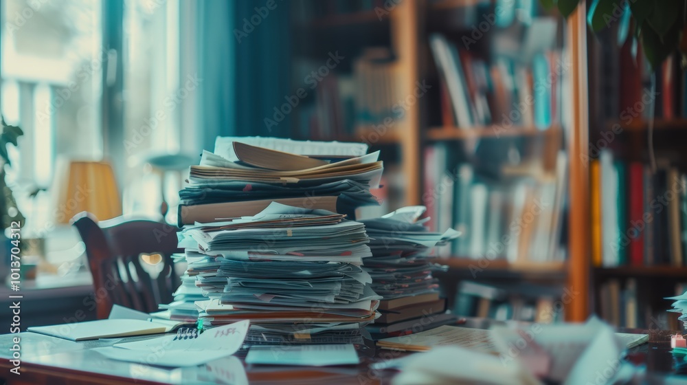 Business office table or desk full of pile or stack of many papers Business office table or desk full of pile or stack of many papers