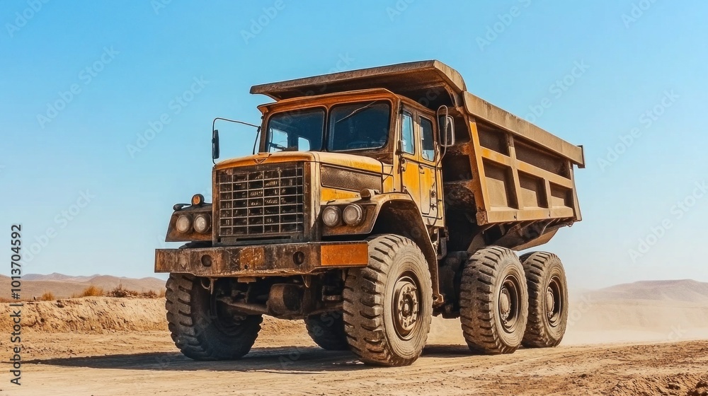 A large dump truck drives through a dry, dusty construction site, kicking up dirt as it moves along a rugged path under a bright blue sky, showcasing its sturdy design and powerful wheels A large dump truck drives through a dry, dusty construction site, kicking up dirt as it moves along a rugged path under a bright blue sky, showcasing its sturdy design and powerful wheels