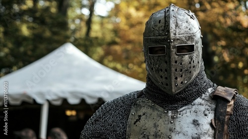 The knight, clad in chainmail with a distinctive helmet, poses confidently while surrounded by the vibrant colors of fall and a white tent, capturing the spirit of the medieval festival photo