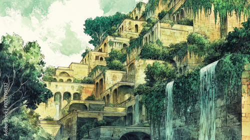 Foto Artistic rendering of the Hanging Gardens of Babylon with lush greenery and gran
