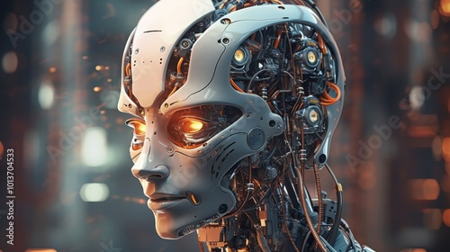 A sleek robot with glowing circuits in a cyberpunk setting