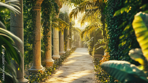 Serene pathway amidst exotic plants in the Hanging Gardens of Semiramis photo