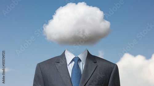 A figure dressed in a formal suit appears to have a cloud for a head, standing against a bright blue sky filled with fluffy white clouds, evoking a sense of surrealism and creativity