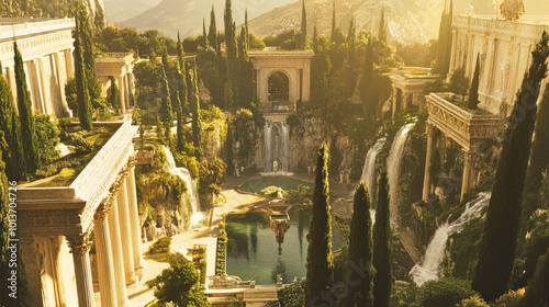 Aerial view of the Hanging Gardens of Semiramis showcasing lush terraces and flowing waterfalls photo