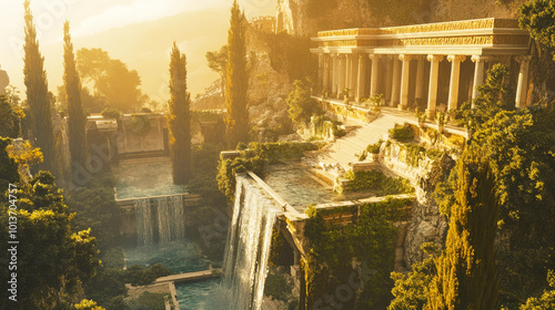 Aerial view of the Hanging Gardens of Semiramis showcasing lush terraces and cascading waterfalls photo