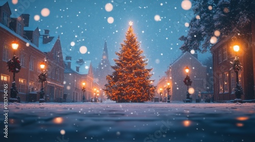 Christmas tree in the center of a snowy town square with twinkling lights overhead.