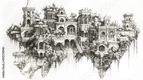 A stunning fantasy of the ancient Hanging Gardens with lush flora and detailed architecture photo