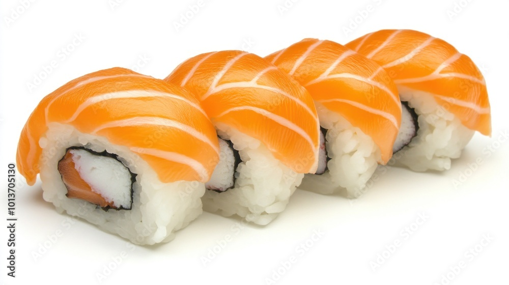A close-up view of sushi rolls featuring fresh salmon on top, showcasing the intricate preparation and presentation typical of Japanese culinary culture A close-up view of sushi rolls featuring fresh salmon on top, showcasing the intricate preparation and presentation typical of Japanese culinary culture
