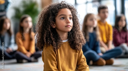 A child with curly hair sits quietly, focused on the front of the classroom where a group of peers also engages in a learning activity, surrounded by a warm and inviting atmosphere