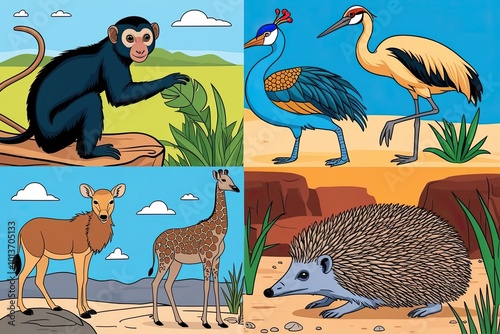 Engaging African Wildlife Coloring Pages for Kids Featuring Tamarin Pilchard Nyala Blue Crane and Desert Hedgehog photo