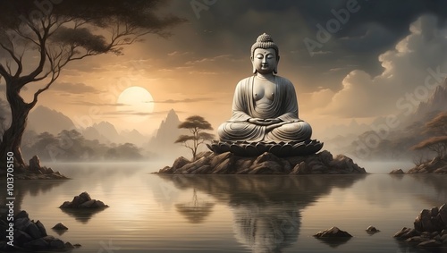 Buddha Statue in idyllischer, ruhiger Landschaft 