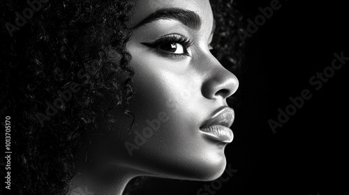 The image captures a woman with beautifully defined curls in a profile view, highlighting her striking facial features against a dark background