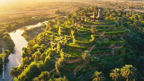 Aerial view of the Hanging Gardens of Semiramis with lush greenery and ancient ziggurat in Babylon photo