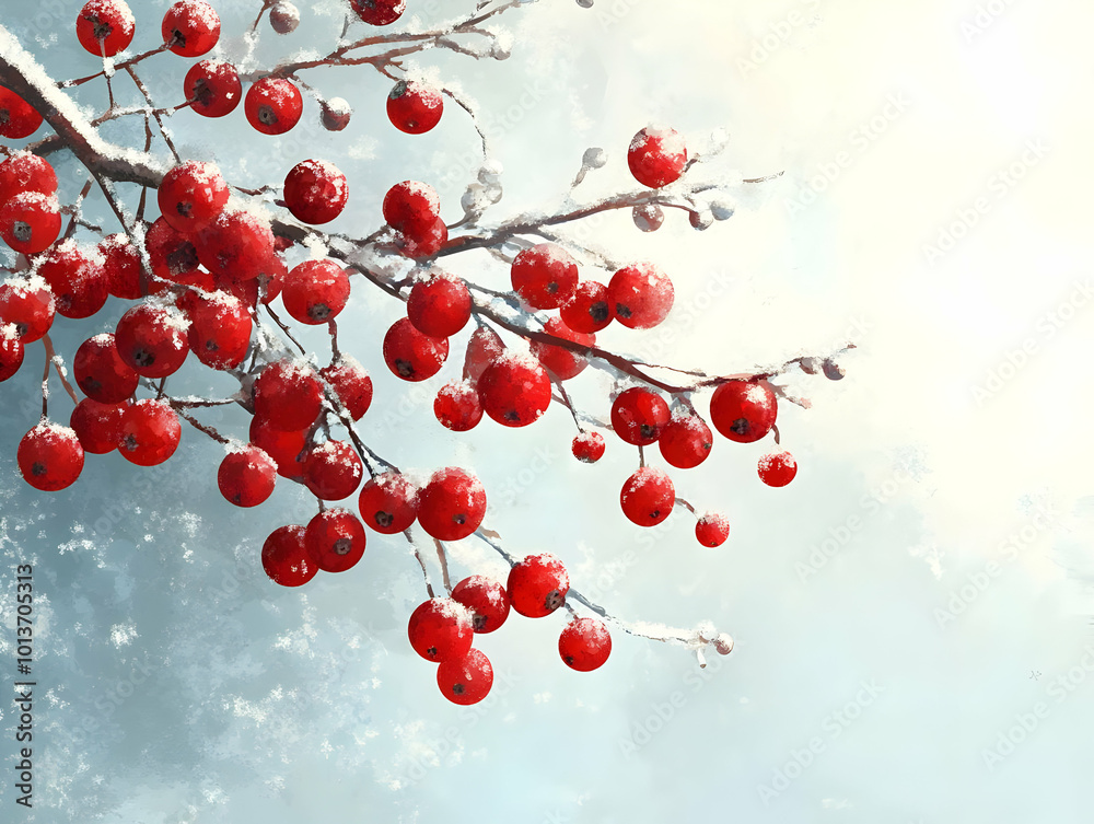 Glossy Frozen Red Berries Clinging to an Ice-Covered Branch: Striking Winter Image with Copy Space for Creative Design Glossy Frozen Red Berries Clinging to an Ice-Covered Branch: Striking Winter Image with Copy Space for Creative Design