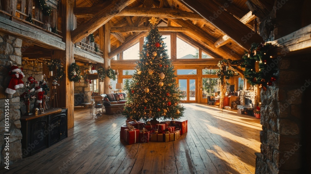 Christmas tree in the center of a cozy mountain lodge with wooden beams and stone walls. Christmas tree in the center of a cozy mountain lodge with wooden beams and stone walls.