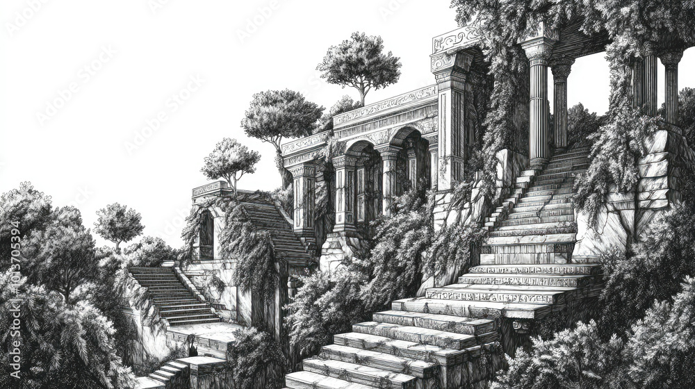Obraz premium Intricate ink drawing of the Hanging Gardens with ancient architecture and lush greenery