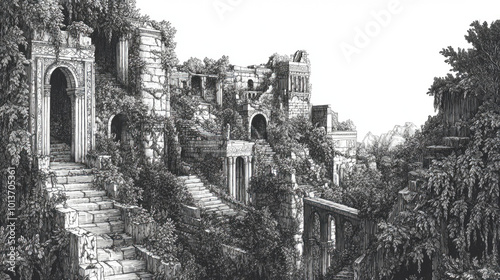 Detailed ink drawing of the Hanging Gardens of Semiramis amid ancient ruins and lush greenery photo