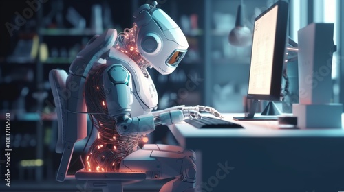 A humanoid robot with a sleek, mechanical design is focused on typing at a computer in a high-tech laboratory. The environment is illuminated by soft blue and white lighting