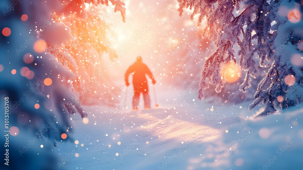 3D Glowing Snowflake and Abstract Winter Forest Scene with Skier | Digital Art for Winter Sports Promotions | Vivid Lighting Effects 3D Glowing Snowflake and Abstract Winter Forest Scene with Skier | Digital Art for Winter Sports Promotions | Vivid Lighting Effects