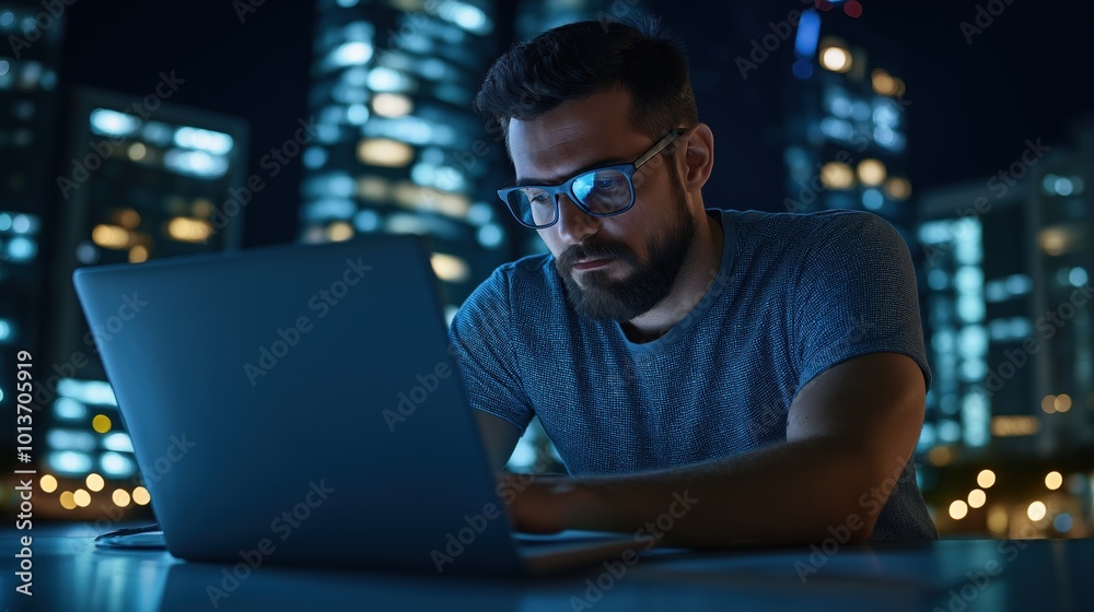 A man sits at a table, focused on a laptop while surrounded by a vibrant city skyline at night, with skyscrapers lit up in the background, creating a dynamic urban atmosphere A man sits at a table, focused on a laptop while surrounded by a vibrant city skyline at night, with skyscrapers lit up in the background, creating a dynamic urban atmosphere
