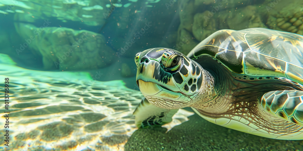 Fototapeta premium Green sea turtle's shell: A marine biologist studying the health of this reptile at the oceanarium.