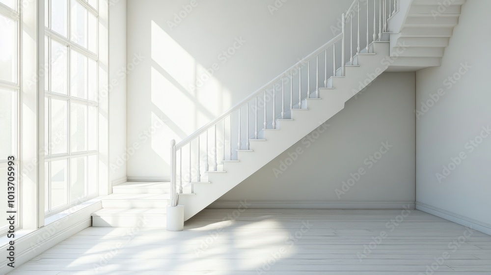 An empty room with white stairs and large window. An empty room with white stairs and large window.