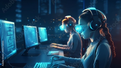 A humanoid robot working at a sleek workstation, typing on a computer in a modern office with a city view, conveying the concept of AI integration in daily work