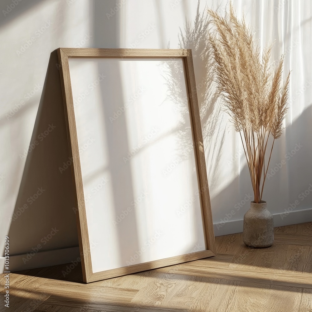 A simple wooden frame rests against a wall, accompanied by a vase of pampas grass, with light casting shadows. A simple wooden frame rests against a wall, accompanied by a vase of pampas grass, with light casting shadows.