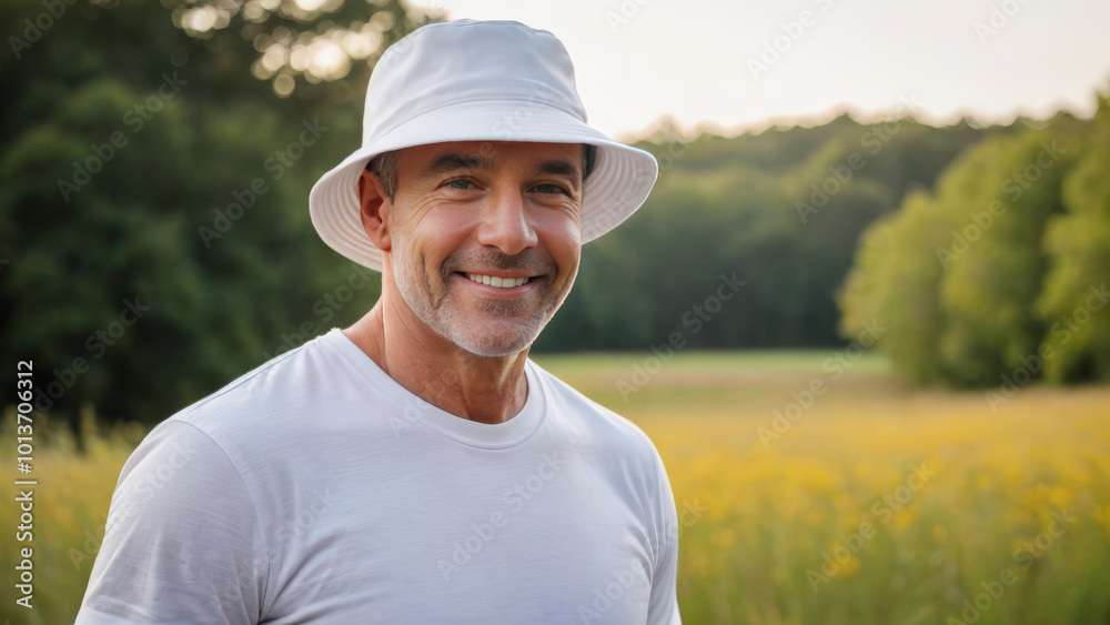 Man wearing white t-shirt and white bucket hat standing in nature Man wearing white t-shirt and white bucket hat standing in nature