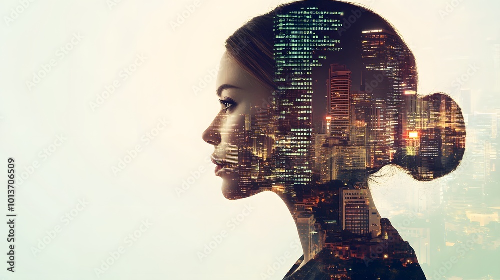 Double exposure image of a woman with a cityscape and data overlay, illustrating the blend of urban life with digital information