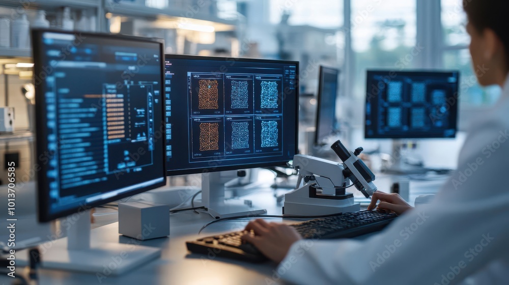 A wideangle shot of a biotechnology lab with scientists analyzing cell cultures on digital displays A wideangle shot of a biotechnology lab with scientists analyzing cell cultures on digital displays