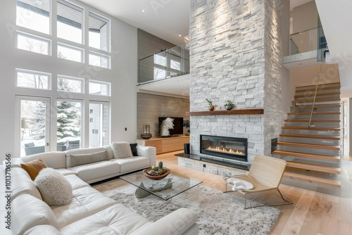 Modern living room with white stone fireplace, sleek furniture, and wood floors in upscale interior, featuring a double height ceiling and wooden staircase. photo