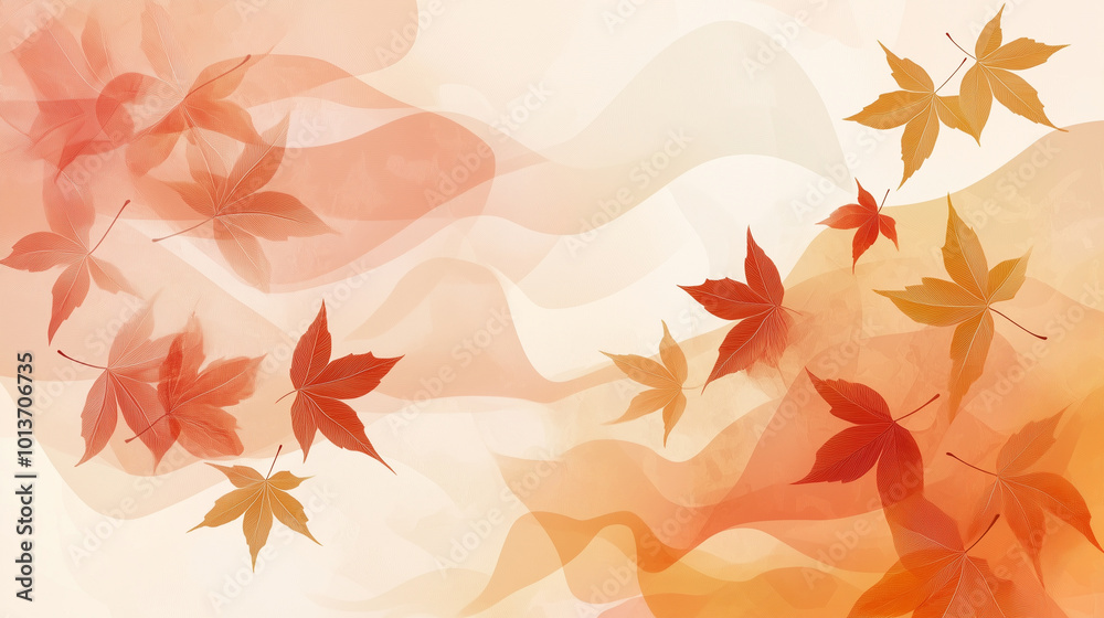 Abstract, irregular shapes in russet and goldenrod, with fine line illustrations of maple leaves. Soft gradient background, minimalist composition Abstract, irregular shapes in russet and goldenrod, with fine line illustrations of maple leaves. Soft gradient background, minimalist composition