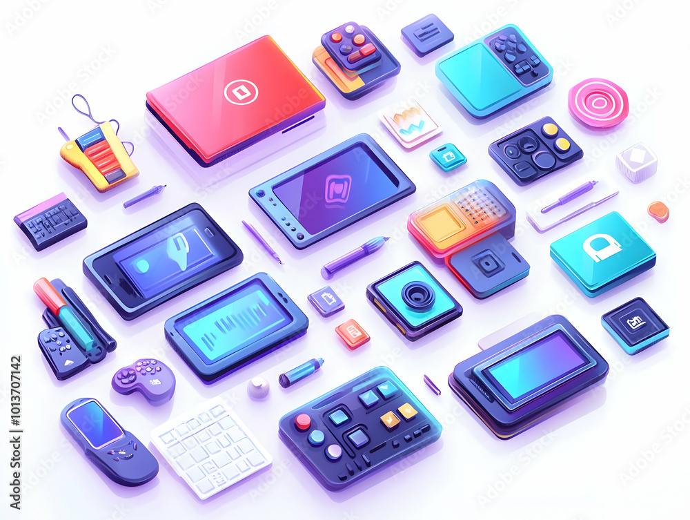 Flat Glossy Background of Floating Tech Gadgets with Eye-Catching Cyber Monday Discounts in a Sleek Vector Design Flat Glossy Background of Floating Tech Gadgets with Eye-Catching Cyber Monday Discounts in a Sleek Vector Design
