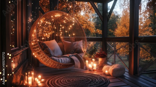 Cozy outdoor nook with a hanging chair, soft pillows, warm lights, and candles, surrounded by autumn foliage in serene ambiance. photo