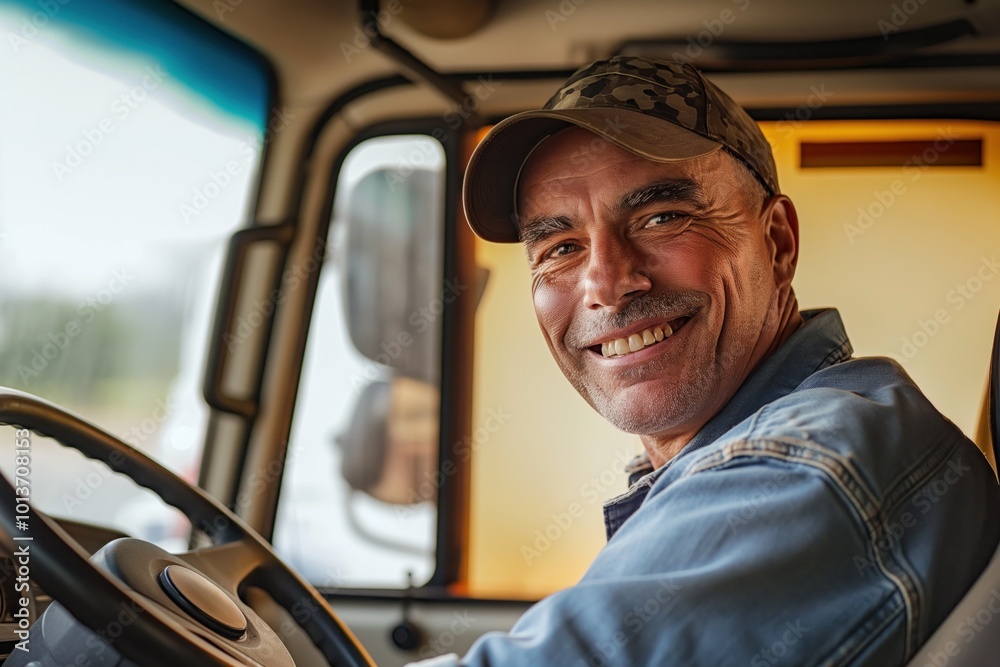 Man in blue denim jacket and camo baseball cap sits behind white truck wheel. Truck parked on road with tree in background. Driver hands rest on steering wheel. Road, vehicle, and tree in focus. Man in blue denim jacket and camo baseball cap sits behind white truck wheel. Truck parked on road with tree in background. Driver hands rest on steering wheel. Road, vehicle, and tree in focus.