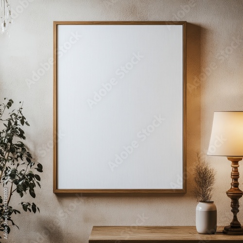 A framed artwork and classic lamp rest on a vintage wooden table, radiating sophistication and timeless allure in elegant home design.