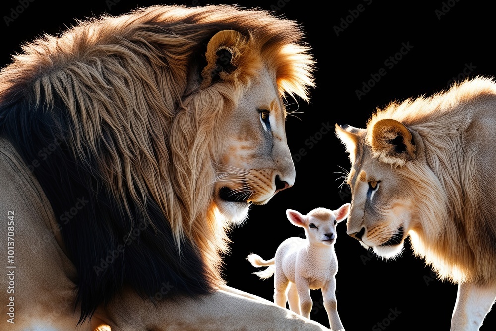 Fototapeta premium Lion and Lamb Profiles Isolated Black Background