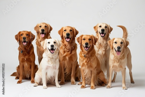 Joyful Golden Retrievers Playing and Posing on White Background
