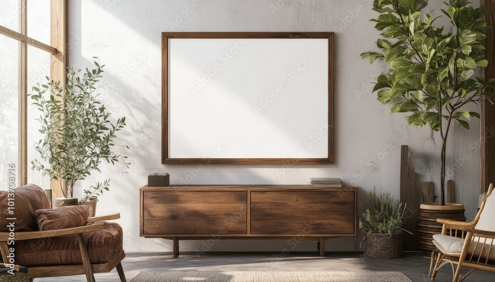 A warm living room setting with rustic wooden elements, a prominent white frame on wall, and natural greenery for added style. A warm living room setting with rustic wooden elements, a prominent white frame on wall, and natural greenery for added style.