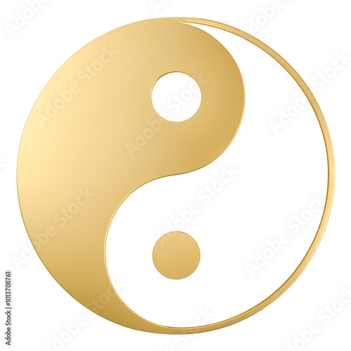 Gold metallic Yin Yang symbol isolated on transparent background. Elegant decorative emblem