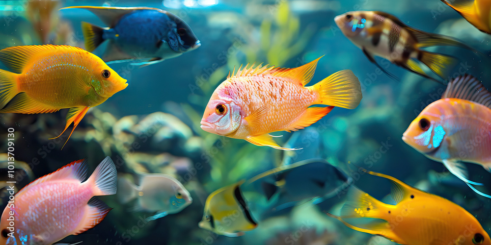 An aquarium filled with colorful fish, showcasing various species and their unique markings. An aquarium filled with colorful fish, showcasing various species and their unique markings.