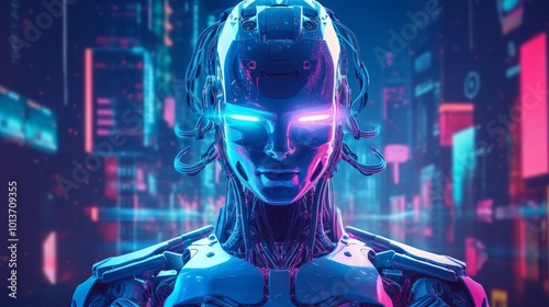 Side profile of a sleek robotic figure with glowing circuits