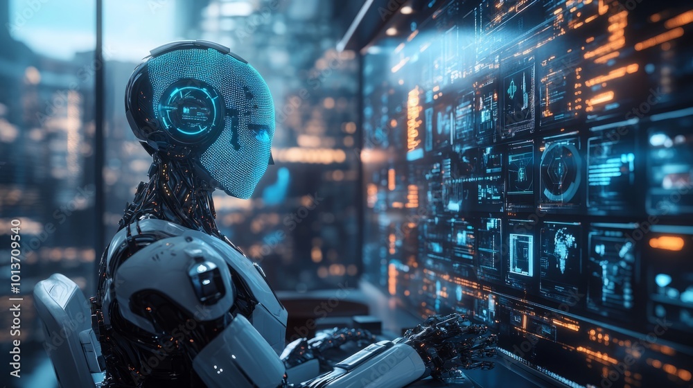Futuristic AI Character with Humanoid Features Seated in an Ultramodern Digital Workspace Surrounded by Holographic Screens Displaying Dynamic Video Content in a Sleek High-Tech Environment Futuristic AI Character with Humanoid Features Seated in an Ultramodern Digital Workspace Surrounded by Holographic Screens Displaying Dynamic Video Content in a Sleek High-Tech Environment