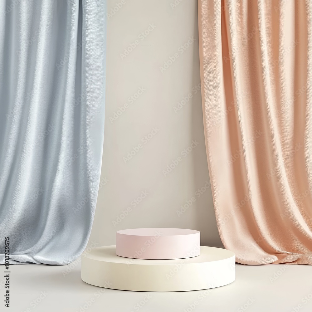 3d render of podium for product display with curtain and drapery 3d render of podium for product display with curtain and drapery