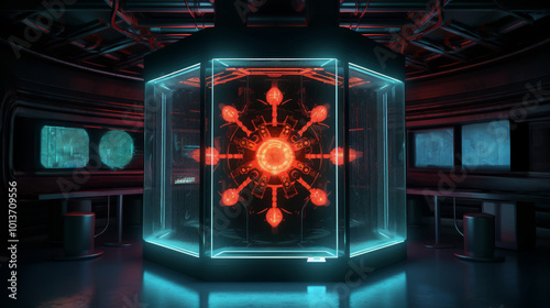 A high-tech lab analyzing a computer virus with holographic visuals